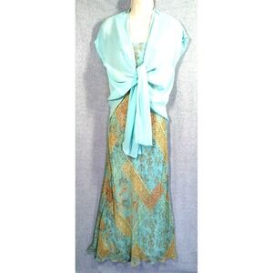 Vtg Phool 2Pc Maxi Dress & Topper 8 Turquoise Tan Floral Tile Print Breezy Chic